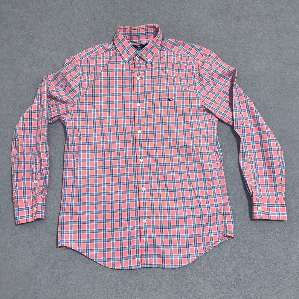 Vineyard Vines Mens Plaid Button Down Shirt Long Sleeve Whale Logo Pink Blue Med